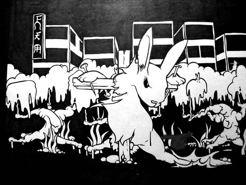 Wabbit, Easter image from the Grim City series of felt tip pen drawings